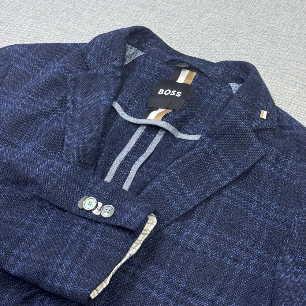 Hugo Boss Slime Fit Wool Blazer Mens 40R Blue Check Tweed Single-Breasted Notch